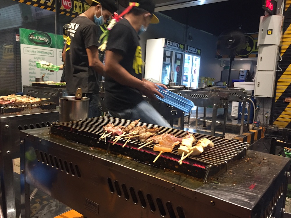 Great skewer place down the block from my apartment. 10THB or ~$0.30 USD for a chicken skewer!