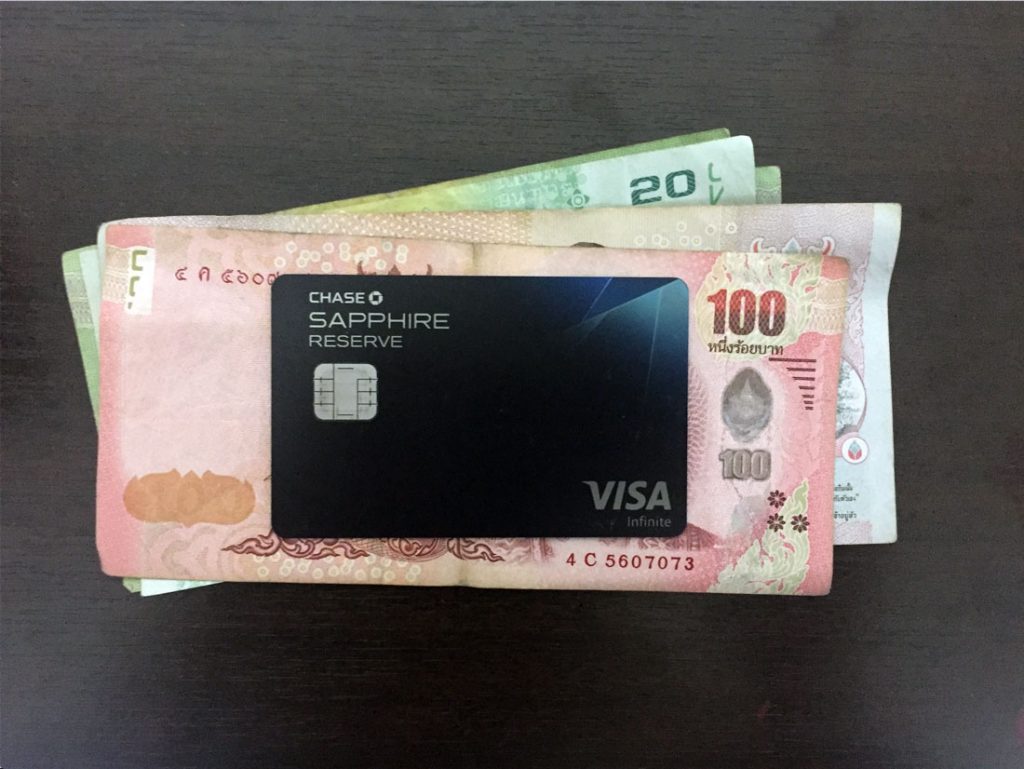The Chase Sapphire Reserve is a great card for both lounge access and points. That 100 Thai Baht note is actually worth about $3 US.