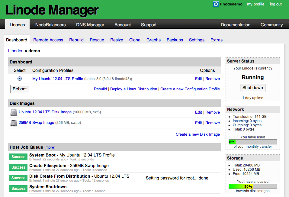 Linode Manager interface (source: Linode forums)