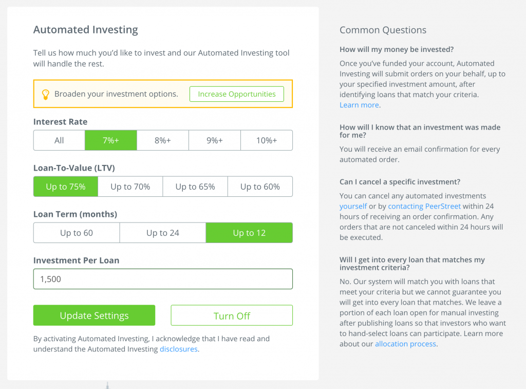 PeerStreet's "Automated Investing" form.